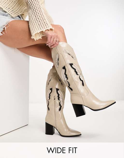 Glamorous Wide Fit - Cremefarvede cowboy-knæstøvler med hæl