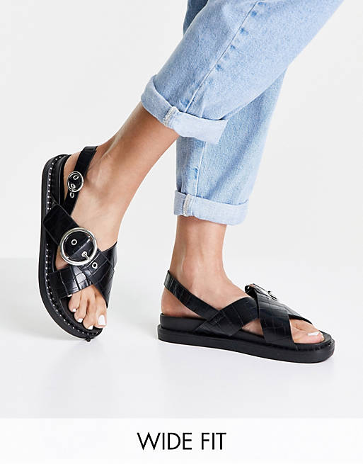 Glamorous Wide Fit cross strap chunky sandals in black croc
