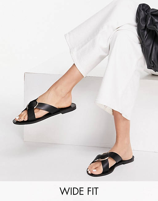 Glamorous Wide Fit cross strap flat sandals with gold ring in black