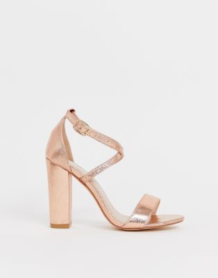 glamorous metallic cross strap block heel sandals in rose gold