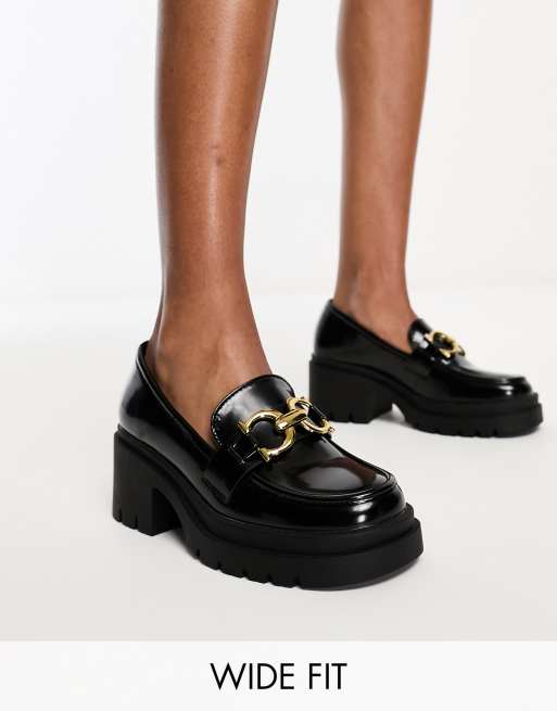 Glamorous Wide Fit – Czarne loafersy z klamrą na średnim obcasie i grubej podeszwie