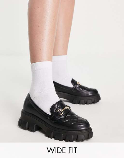 Glamorous Wide Fit – Czarne płaskie pikowane buty na grubej podeszwie