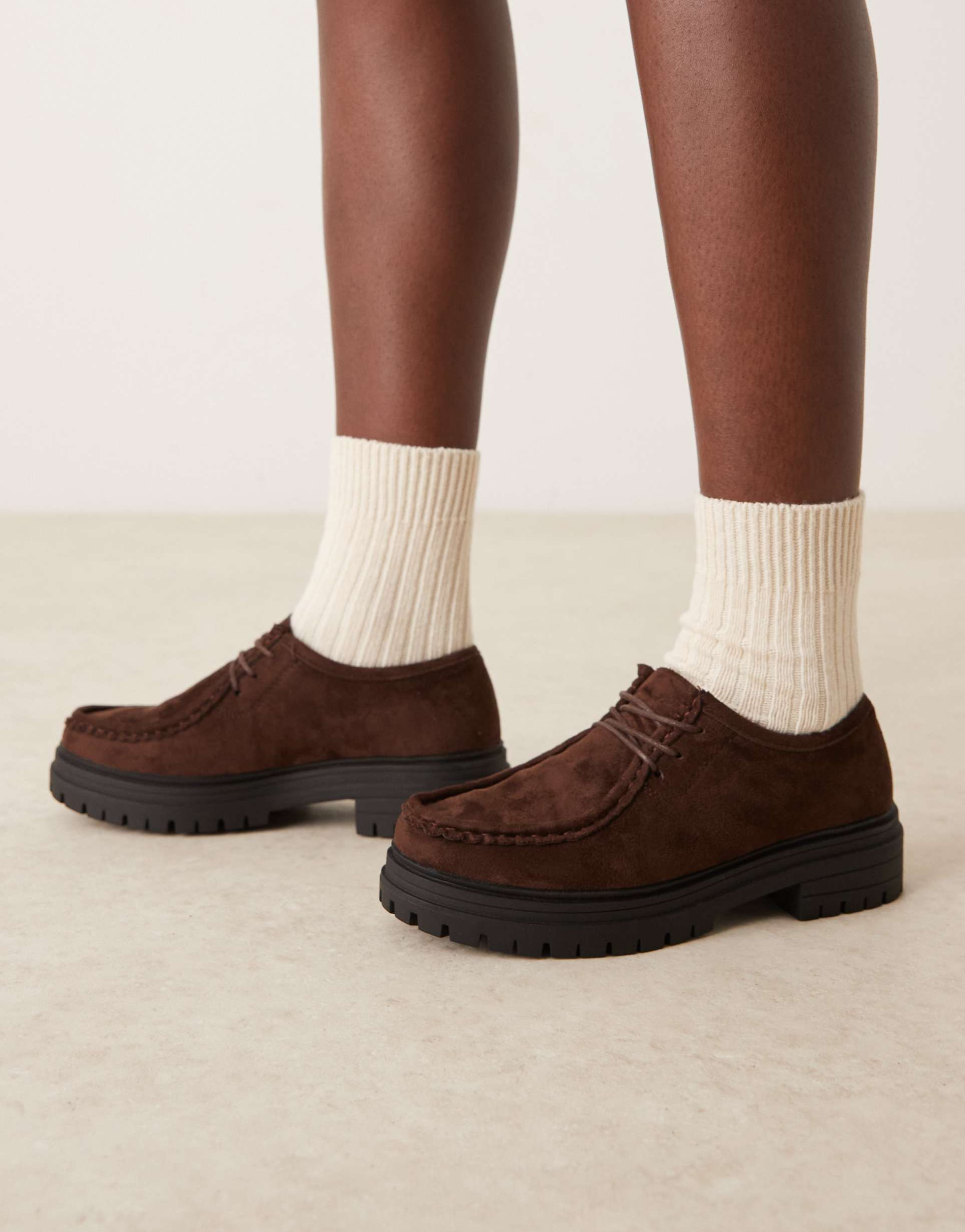 glamorous wide fit derby shoes in brown microsuede