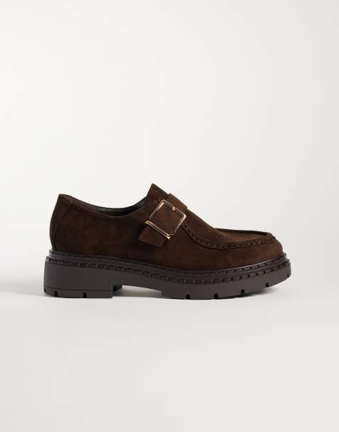 Glamorous Wide Fit derby shoes with buckle in chocolate suedette - view 1