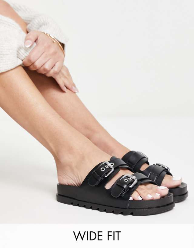 Glamorous Wide Fit double buckle slides in black