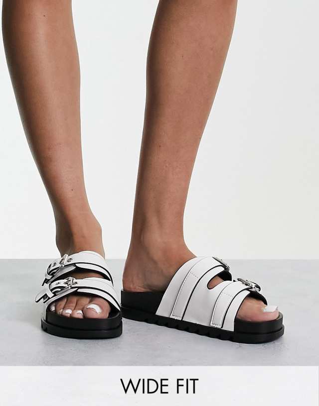 Glamorous Wide Fit double buckle slides in white