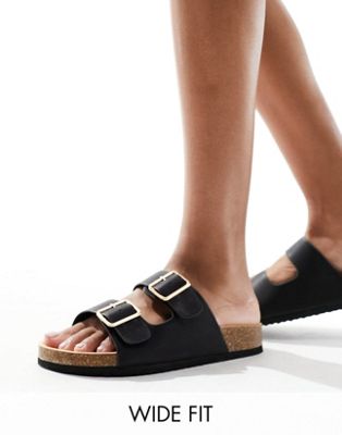 Glamorous Wide Fit Double Strap Footbed Sandals In Black