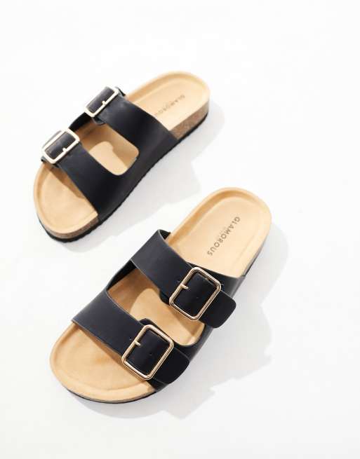Glamorous Wide Fit double strap footbed sandals in black ASOS
