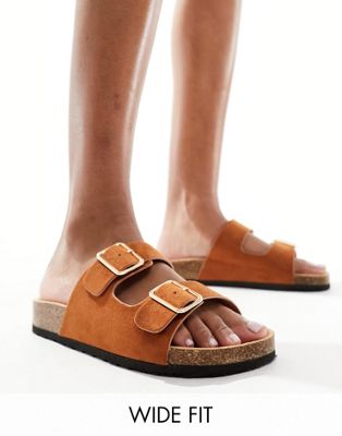Glamorous Wide Fit Double Strap Footbed Sandals In Tan-brown