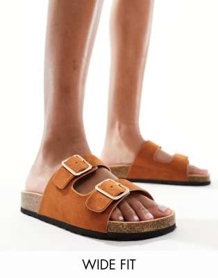 Glamorous Wide Fit double strap footbed sandals in tan-Brown