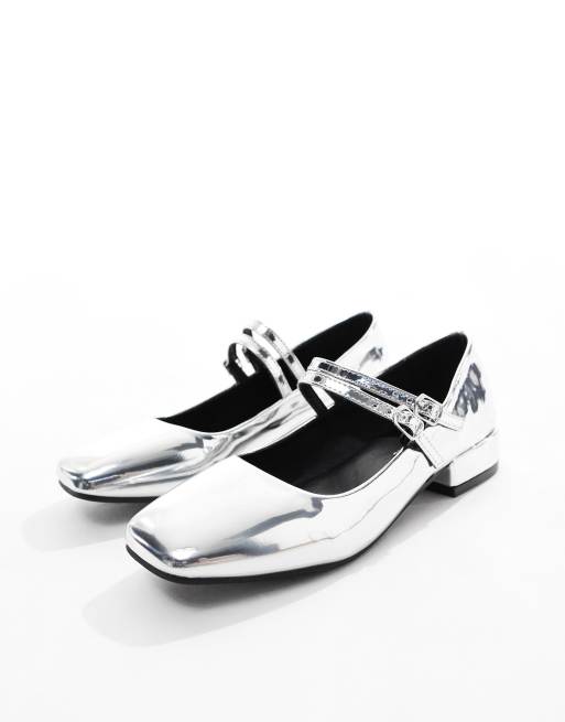 Glamorous Wide Fit double strap mary janes in silver