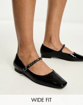 Glamorous Wide Fit embellished strap mary janes in black patent