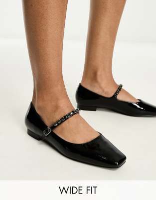 Glamorous Wide Fit embellished strap mary janes in black patent