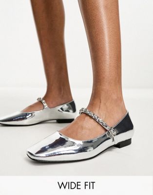 Glamorous Wide Fit embellished strap mary janes in silver metallic