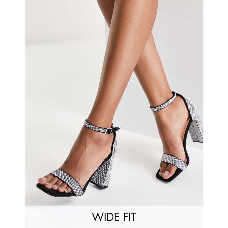 Glamorous Wide Fit embellished heel strap detail sandals in black and silver