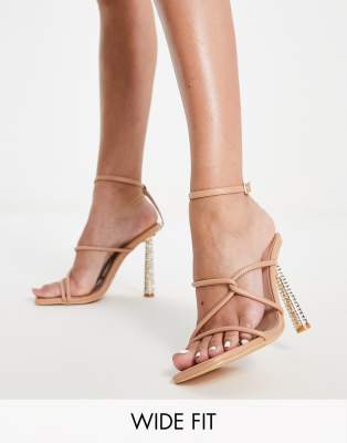 Glamorous Wide Fit embellished strappy heeled sandals in beige  - ASOS Price Checker