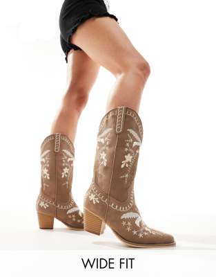 Glamorous Wide Fit Embroidered Western Boots In Tan-brown