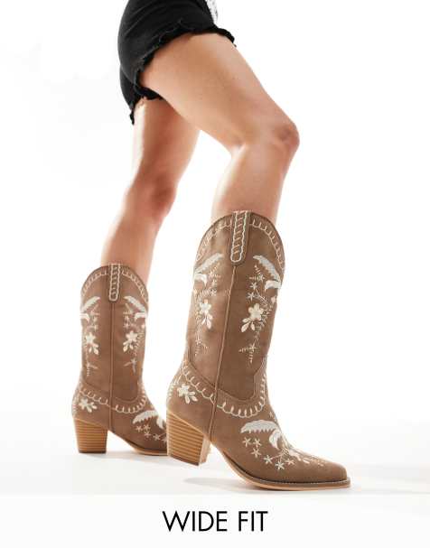 Glamorous Wide Fit embroidered western boots in tan - view 1