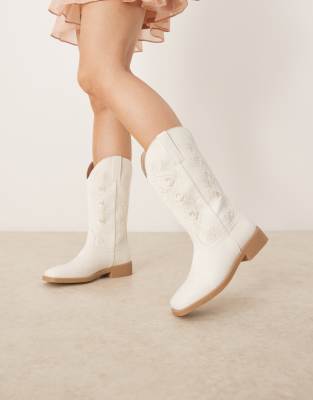 Glamorous Wide Fit embroidered western knee boots in cream - view 1