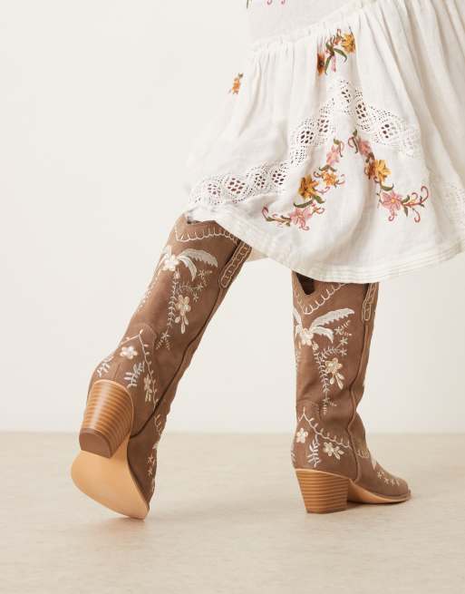 Glamorous Wide Fit embroidered western knee boots in tan ASOS