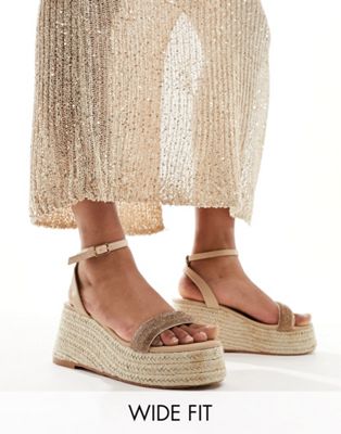 Glamorous Wide Fit espadrille platform heeled sandals in gold diamante