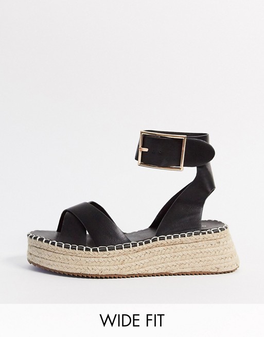 Glamorous Wide Fit espadrille platform sandal in black