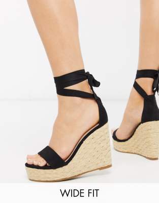 Glamorous Wide Fit espadrille wedge with ankle tie in black | ASOS