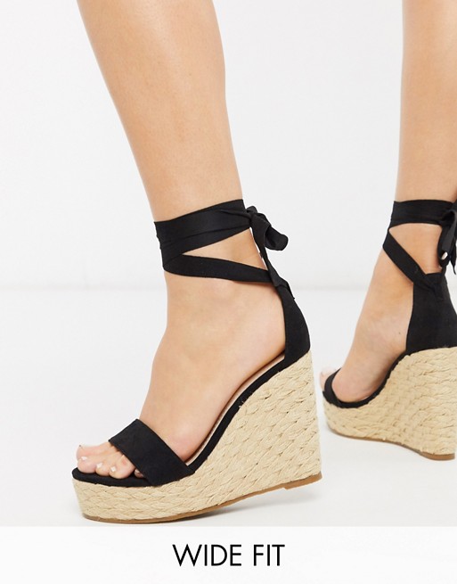 Glamorous Wide Fit espadrille wedge with ankle tie in black