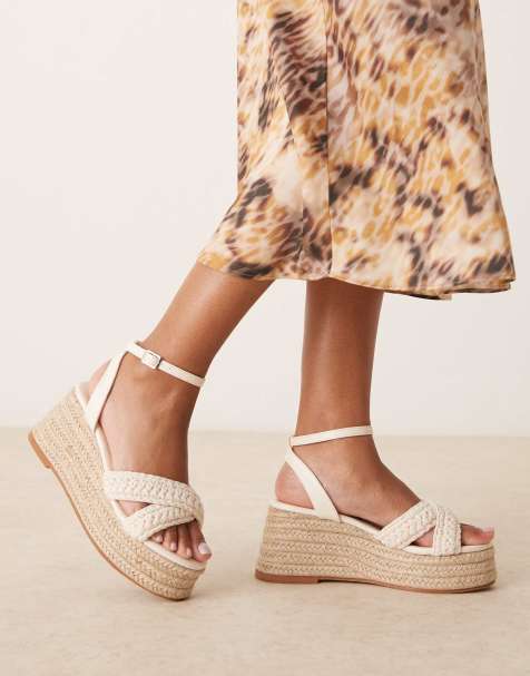 Glamorous Wide Fit espadrilles platform heeled sandals in beige crochet - view 1