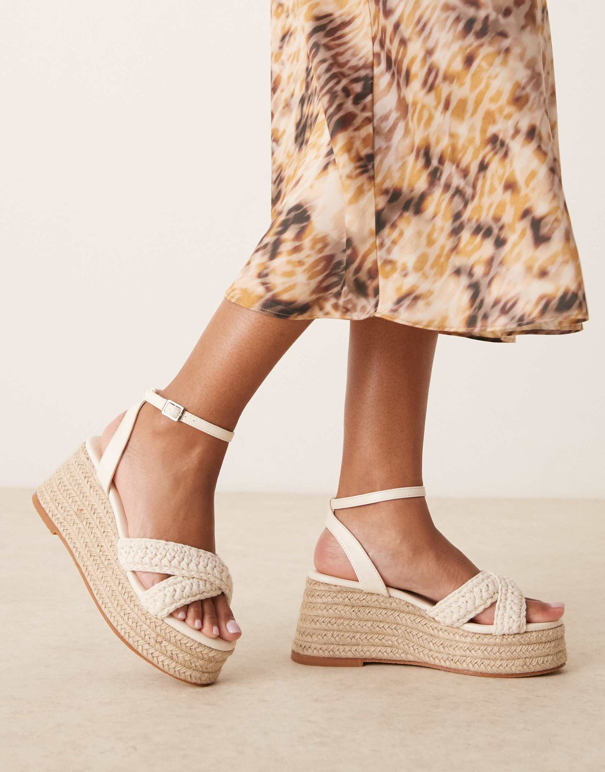 glamorous wide fit espadrilles platform heeled sandals in beige crochet