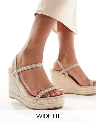 Glamorous Wide Fit - Espadrilles-Sandalen in Silber mit Strassbesatz und Keilabsatz, weite Passform