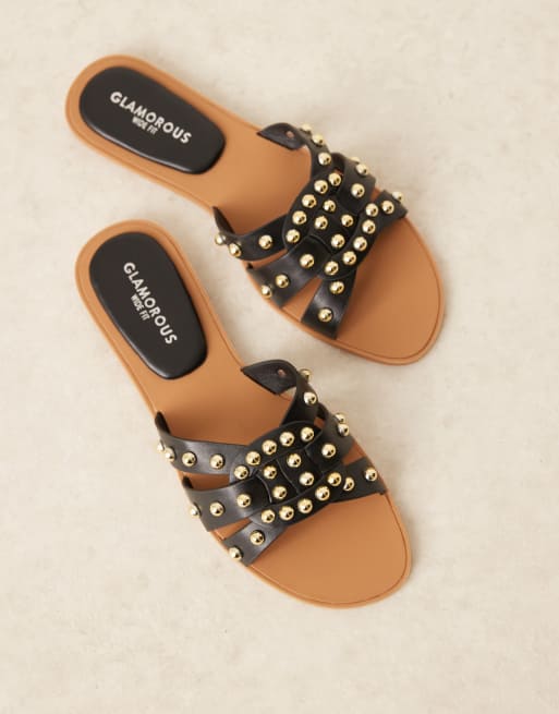 Glamorous Wide Fit – Flache Sandalen in Schwarz mit Nietenbesatz, 3 von 4