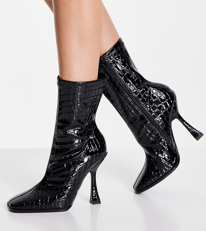 Glamorous Wide Fit Flare Heel Boot In Black Patent
