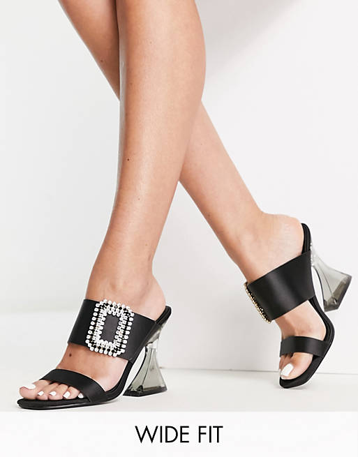 Glamorous Wide Fit flare heel sandals with embellished detail in black 