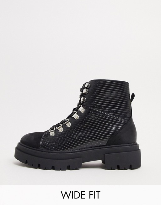 Glamorous Wide Fit flat hiker boots in black croc mix