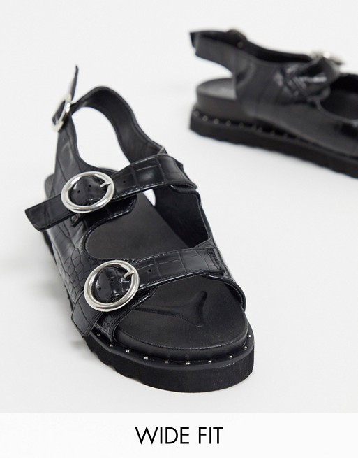 Glamorous Wide Fit flat sandal in black mock croc