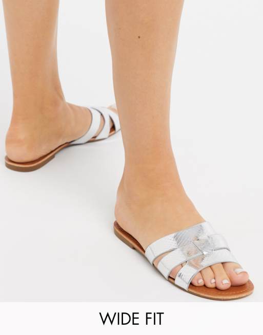 Glamorous Wide Fit flat sandals in silver snake metallic