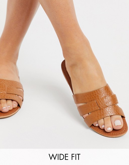 Glamorous Wide Fit flat sandals in tan mock croc