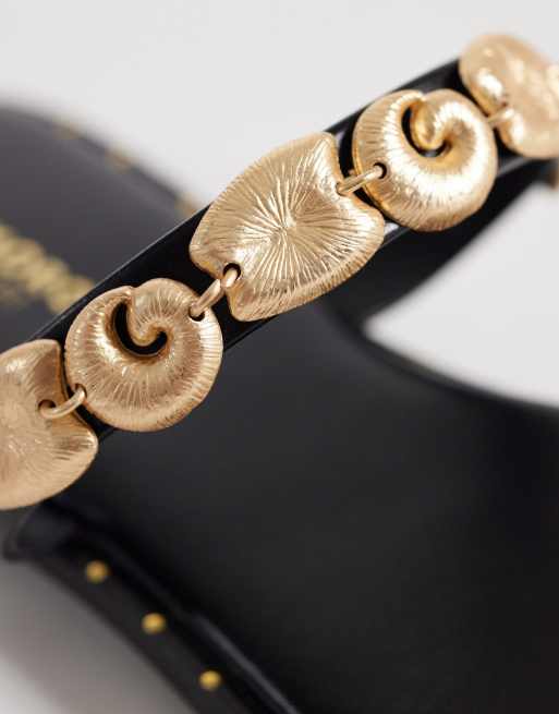Glamorous Wide Fit flat sandals with gold shells in black, 3 of 4