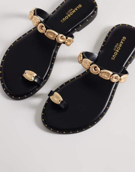 Glamorous Wide Fit flat sandals with gold-tone faux shells in black, 2 of 4