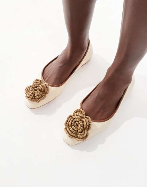 Glamorous Wide Fit flat shoes with woven crochet flower in cream linen-White
