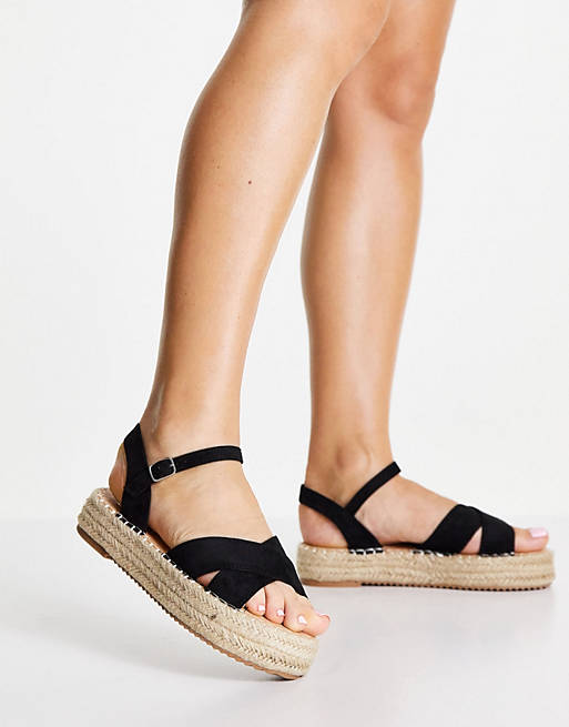 Shoes Sandals/Glamorous Wide Fit flatform espadrille sandals in black 