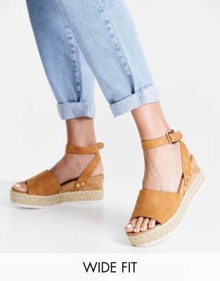 Glamorous Wide Fit flatform espadrille sandals in tan-Brown