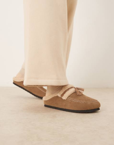 Glamorous Wide Fit – Flauschige Mules zum Hineinschlüpfen in Taupe, weite Passform - view 1