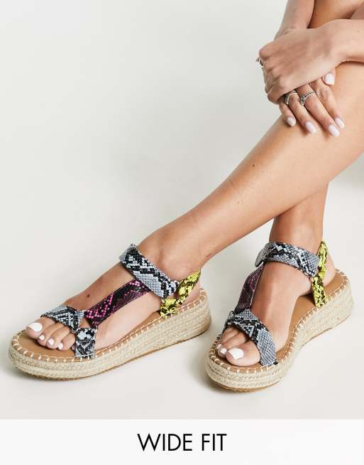 Glamorous Wide Fit – Flerfärgade flatform-espadriller med velcrorem
