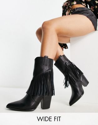 Glamorous Wide Fit fringed western heel boots in black