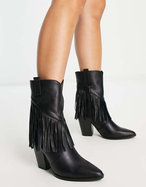 Glamorous Wide Fit fringed western heel boots in black ASOS