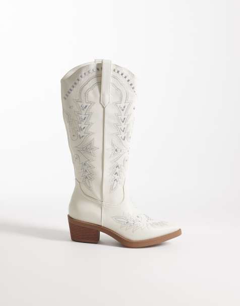 Glamorous Wide Fit - Geborduurde western knielaarzen in crème - view 1