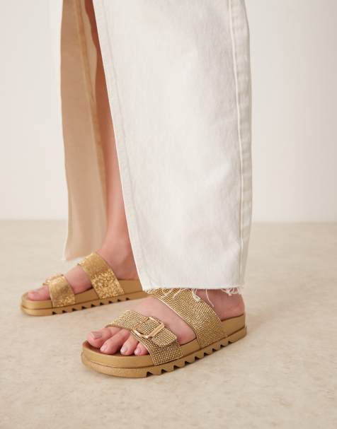 Glamorous Wide Fit - Guldfarvede sliders med stropper med rhinsten - view 1