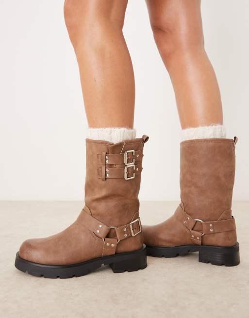 Glamorous Wide Fit harness biker boots in washed beige ASOS